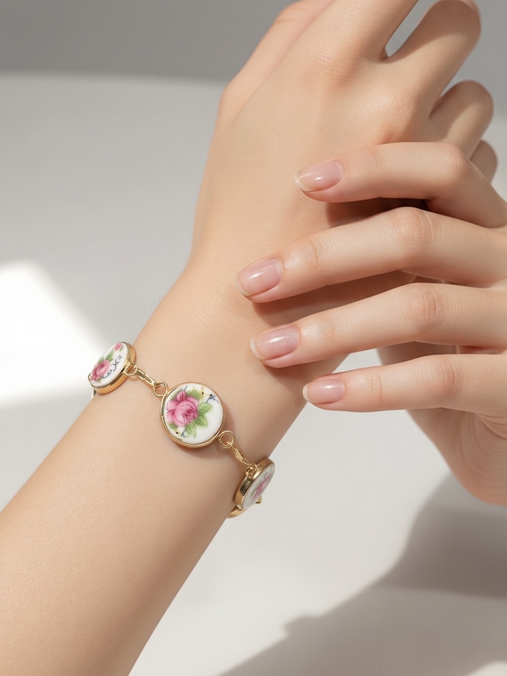 Bavaria Tirschenreuth Broken China Rose Bracelet - Gold Cabochons - Alma Antigua